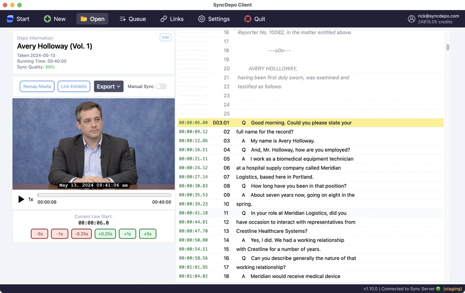 QC editor with synchronized video, active transcript line, timestamps, and timing adjustment buttons.