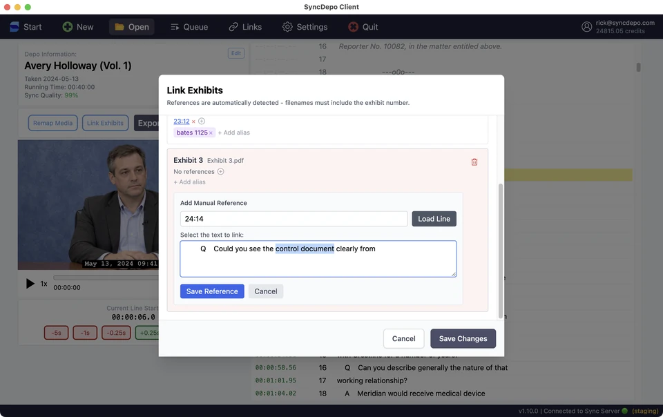 Add Manual Reference with a page and line entered and transcript text selected for linking.