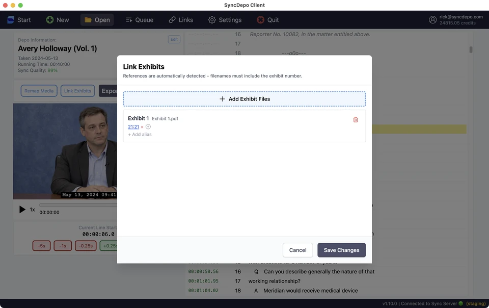 Link Exhibits dialog with Add Exhibit Files and a detected transcript reference for Exhibit 1.