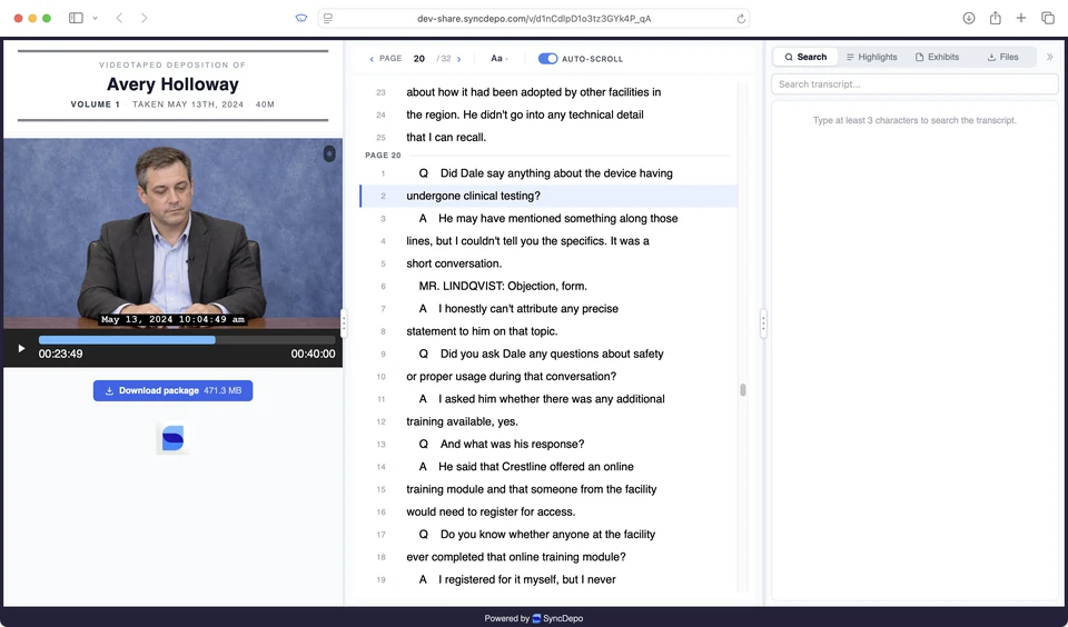 Published deposition in a browser with video, synchronized transcript, tools, and Download package.