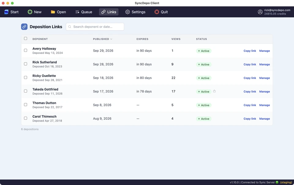 Deposition Links list with expiry, views, status, Copy link, and Manage.