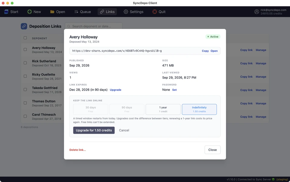Link management dialog with expiry upgrade options and the credit cost to upgrade.