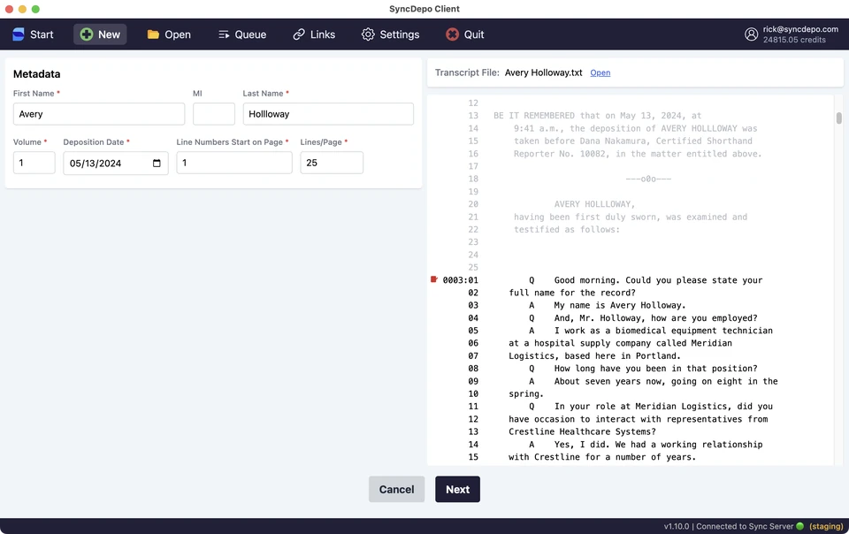 New Sync metadata fields and transcript preview, including Line Numbers Start on Page and Lines/Page.