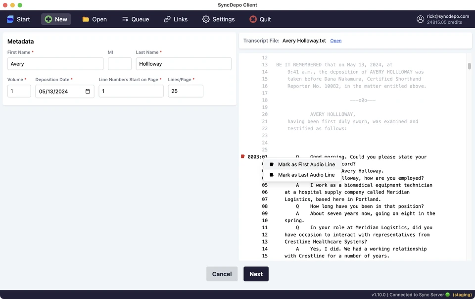 Transcript context menu with Mark as First Audio Line and Mark as Last Audio Line.