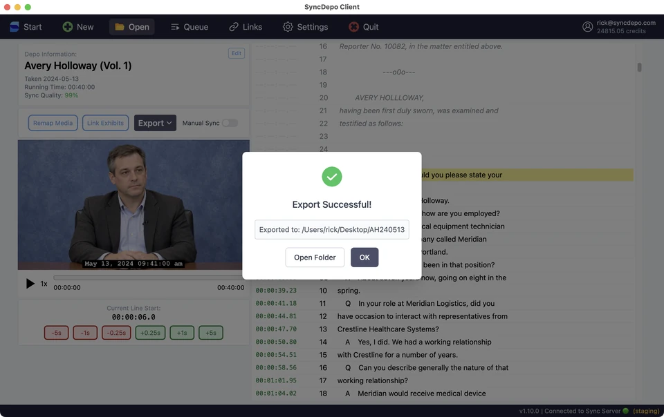 Export Successful dialog with the package destination and Open Folder.