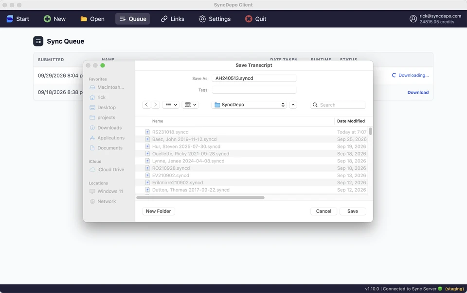 Save Transcript dialog with a .syncd filename and destination folder.