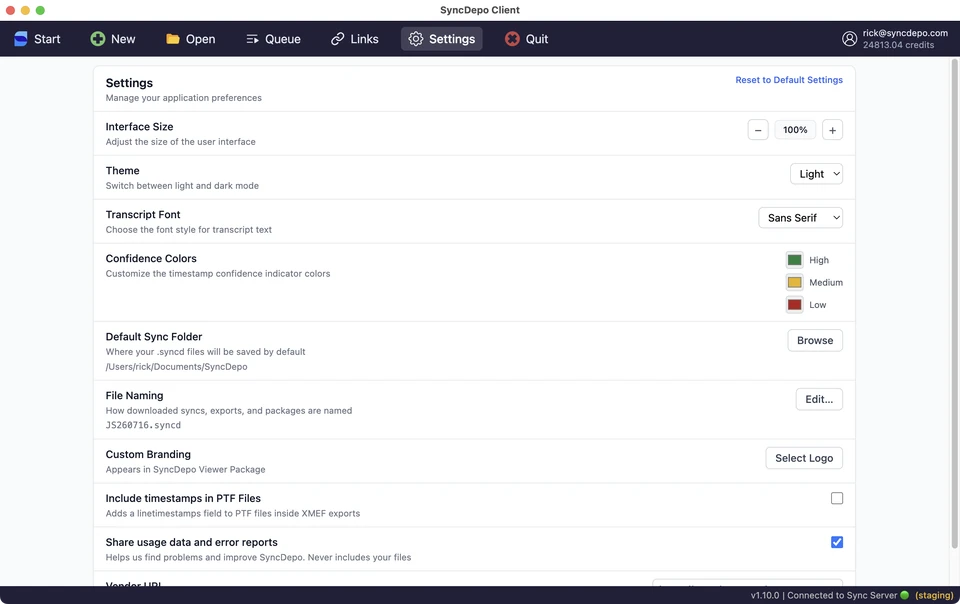 SyncDepo Settings with interface size, theme, transcript font, confidence colors, and file options.