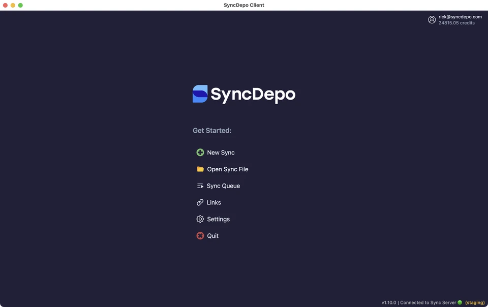 SyncDepo start page with New Sync, Open Sync File, Sync Queue, Links, and Settings.