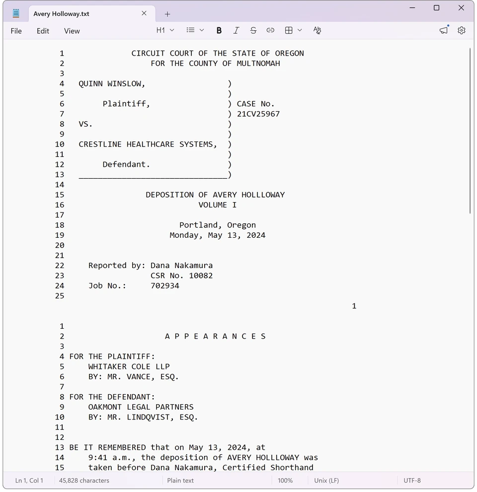 Avery Holloway.txt in a text editor, with numbered lines and the page number in the margin.