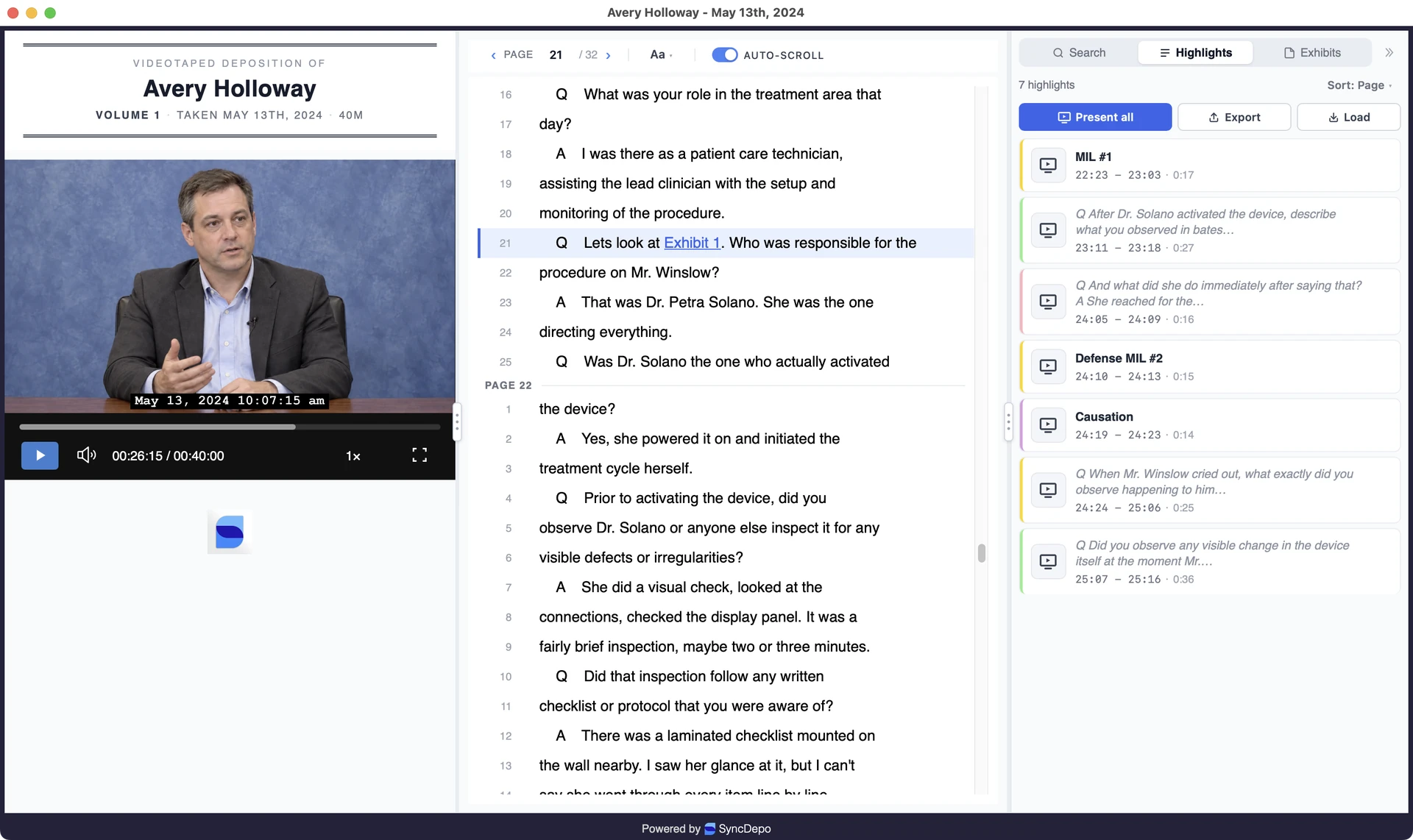 SyncDepo Viewer with video, synchronized transcript, and labeled highlights