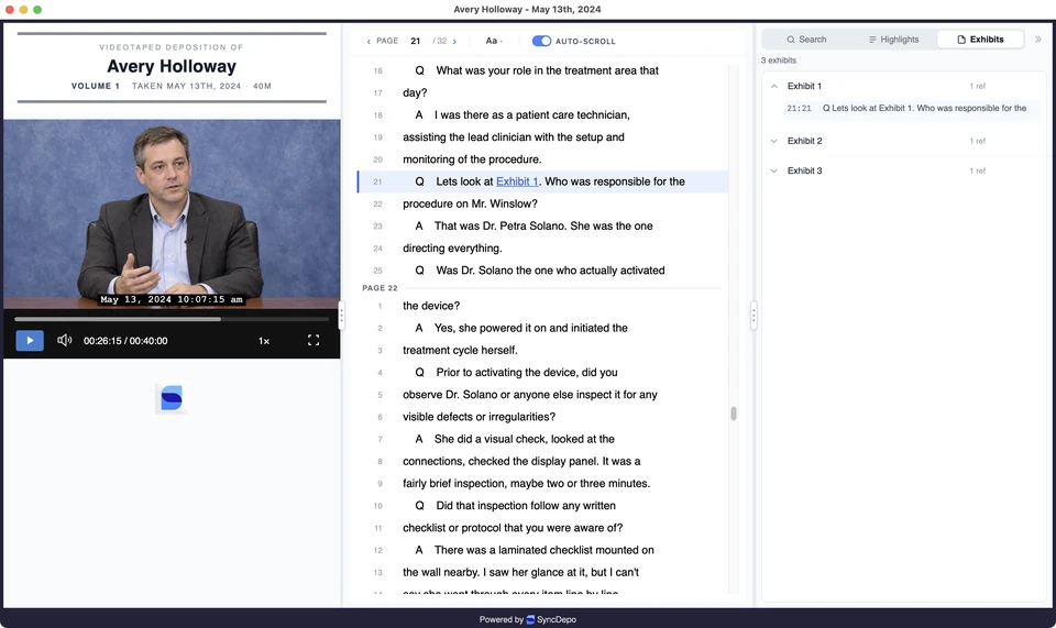 Viewer Exhibits panel with Exhibit 1 expanded and its link visible in the transcript.