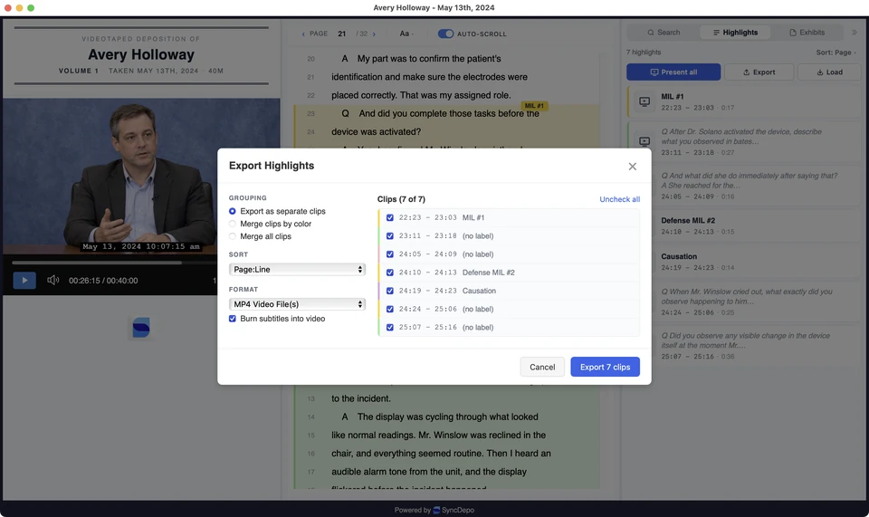 Export Highlights dialog with grouping, sort, format, clip selection, and subtitle options.