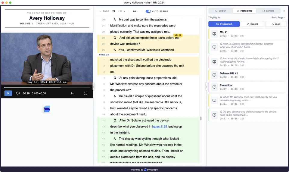 Viewer Highlights panel with labeled passages and colored highlights in the transcript.